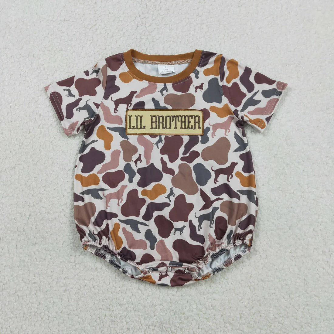 RTS Baby Boys Embroidery Lil Brother Camo Brown Summer Bubble Romper