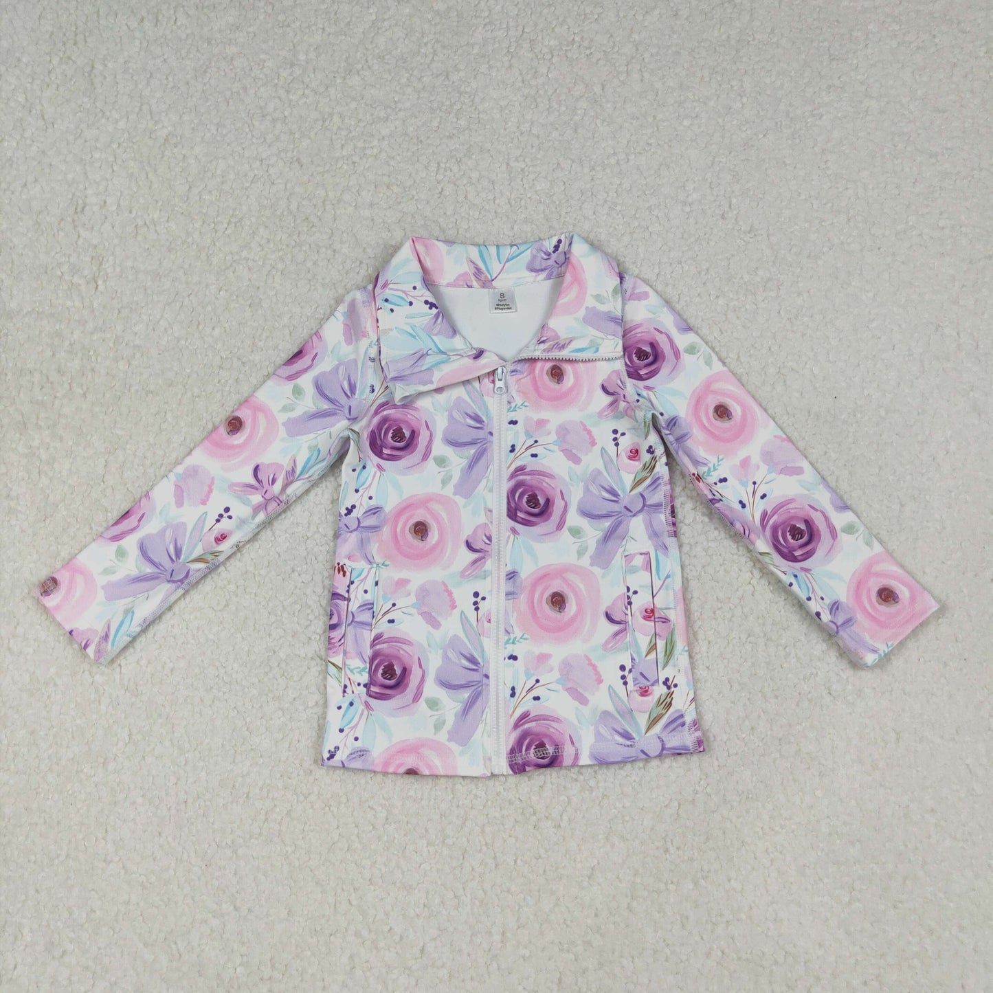 RTS Baby Girl Long Sleeves Purple Flower Bows Pockets Yoga Active Zipper Shirt Tops