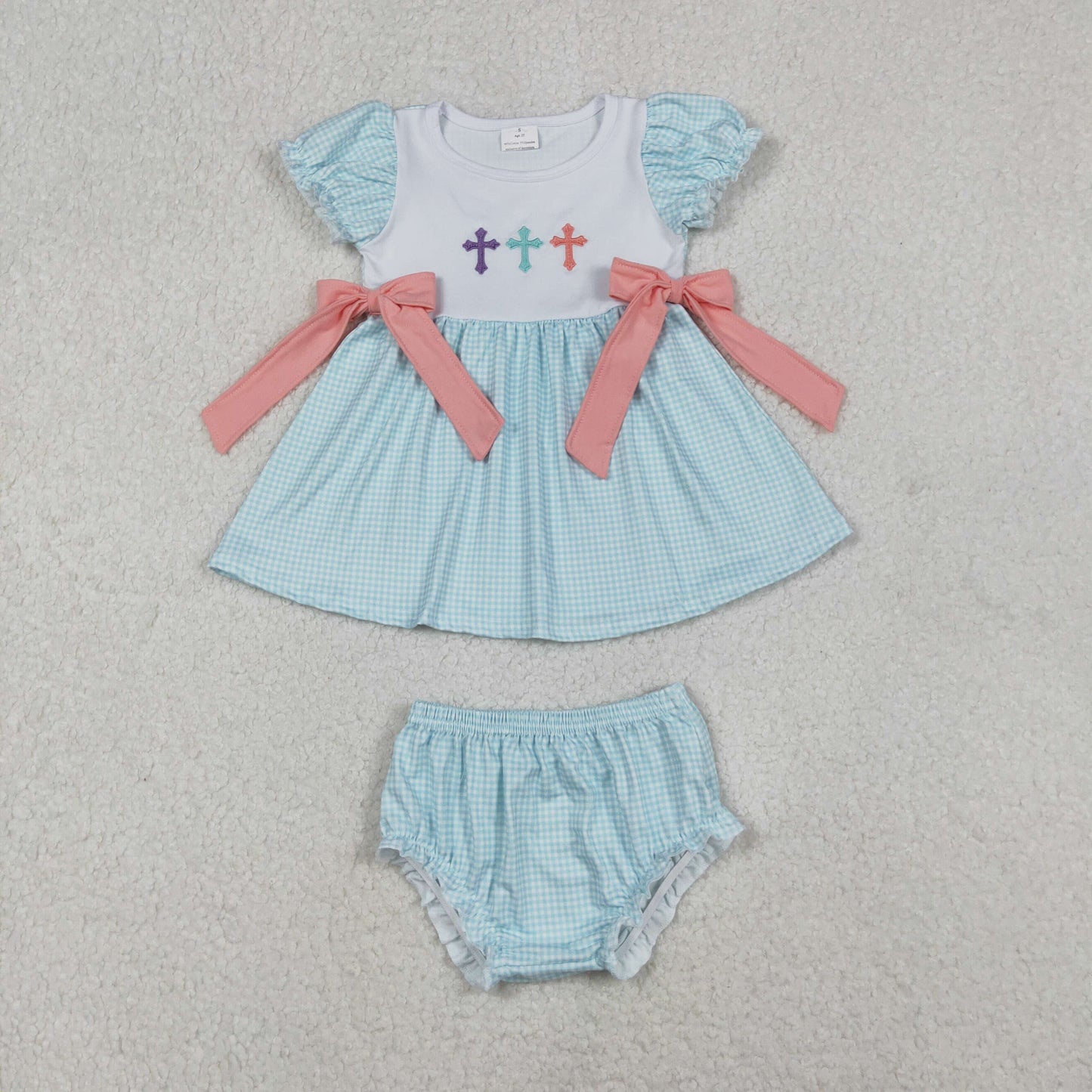 RTS Girls Kids Embroidery Cross Easter Tops Blue Bummie Shorts Easter Set