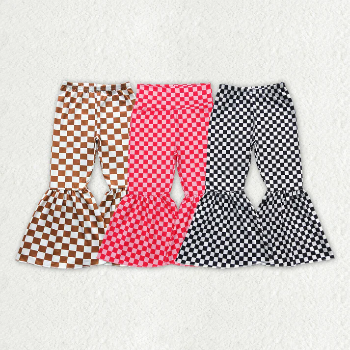 RTS NO MOQ Sibling Baby Girls Trousers 3 Colors Checkered Bell Bottom Pants