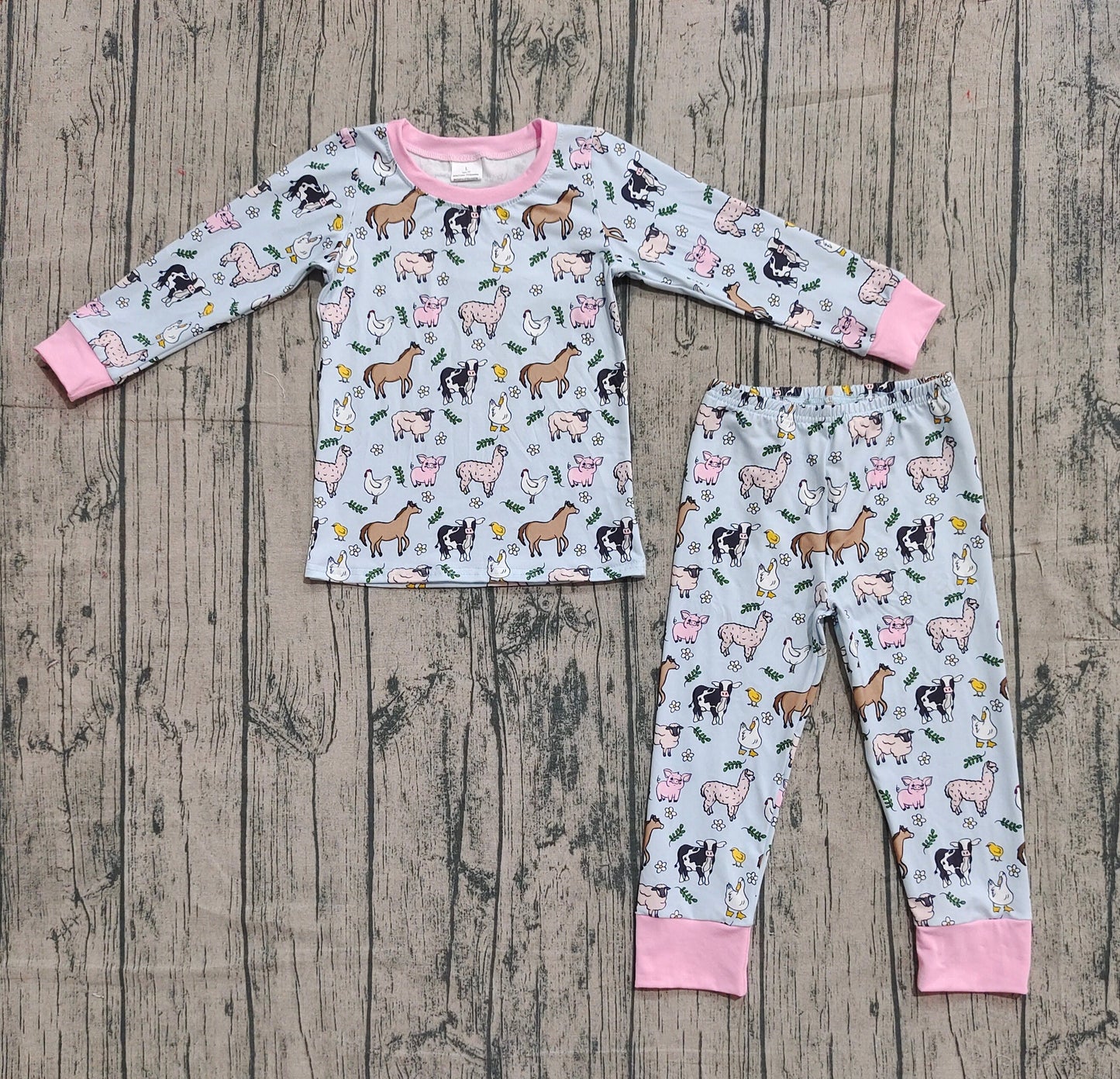 RTS Baby Girl Long Sleeves Farm Animals Flower Shirt Pants Pajamas Set
