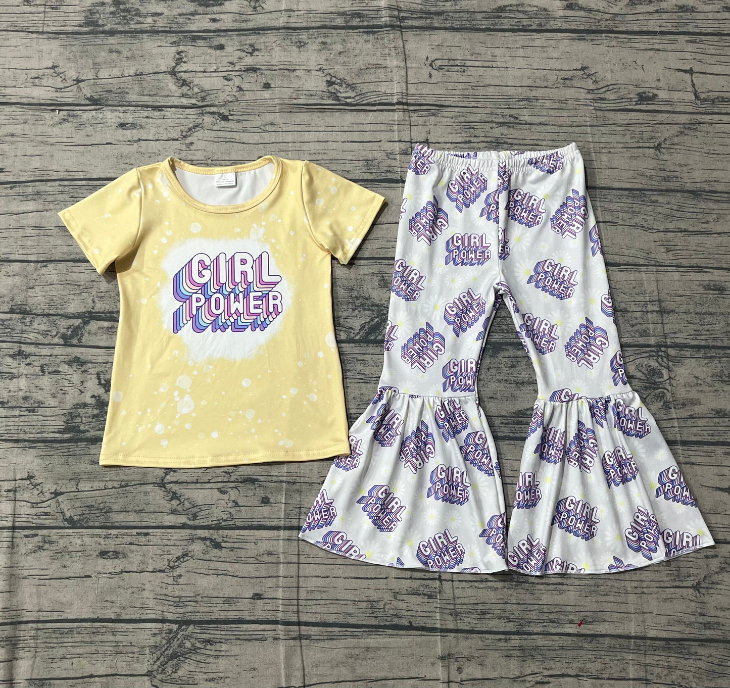 Baby Girls Yellow Short Sleeves Power Shirt Bell Bottoms Pants Clothes Set RTS