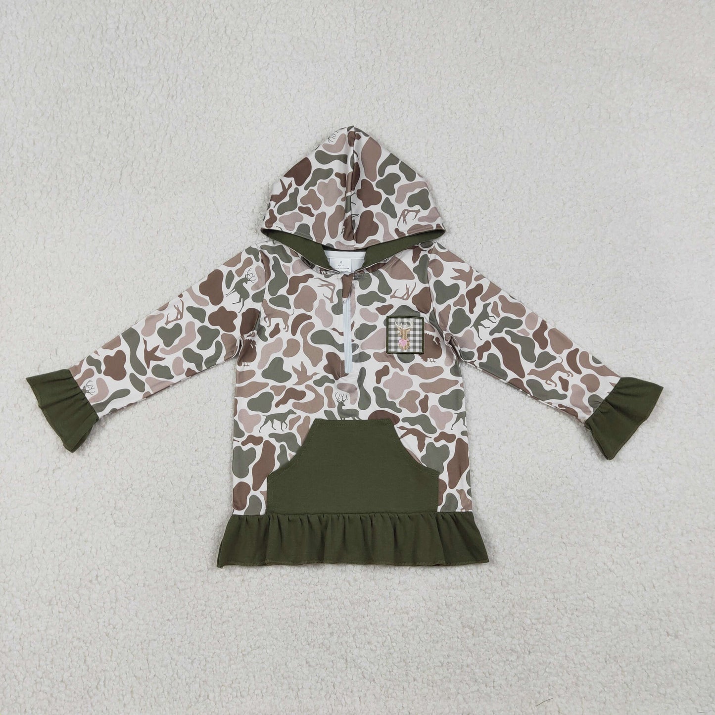 RTS Baby Boy Long Sleeves Embroidery Deer Dog Duck Hoodie Zipper Green Camo Shirt