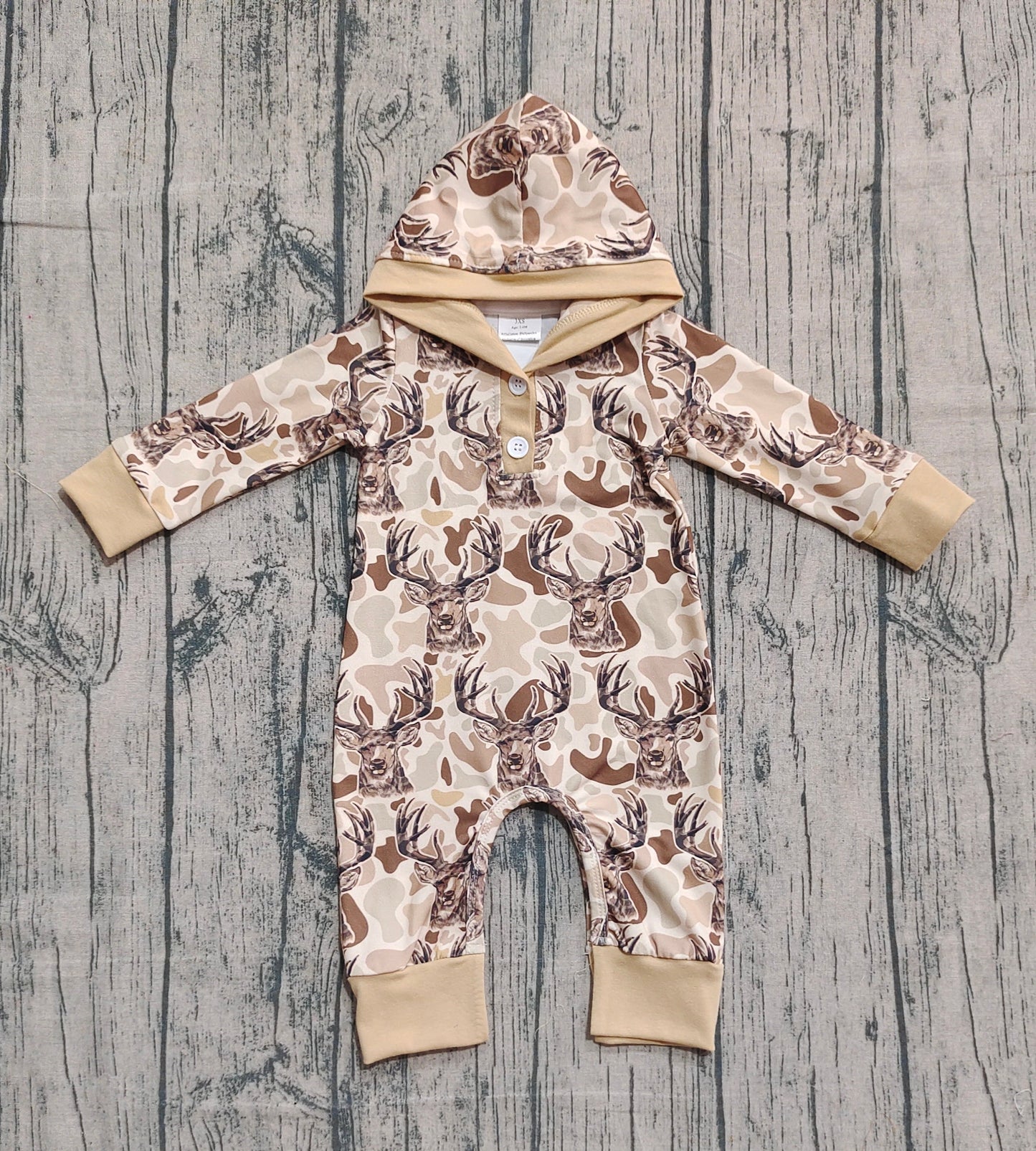 RTS Baby Boys Infant Long Sleeves Deer Camo Hunting Hoodie Buttons Romper