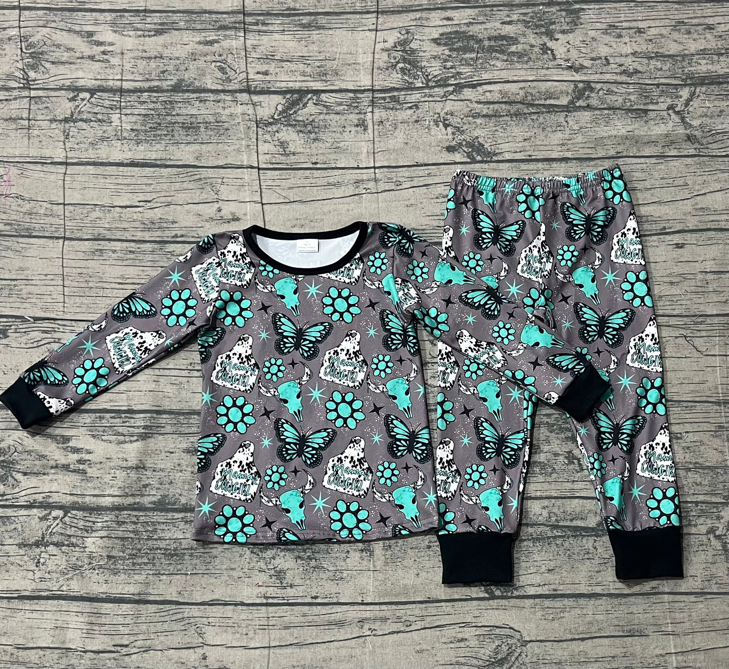 RTS Baby Girls Kids Long Sleeves Western Cow Print Turquoises Shirt Pants Pajamas Set