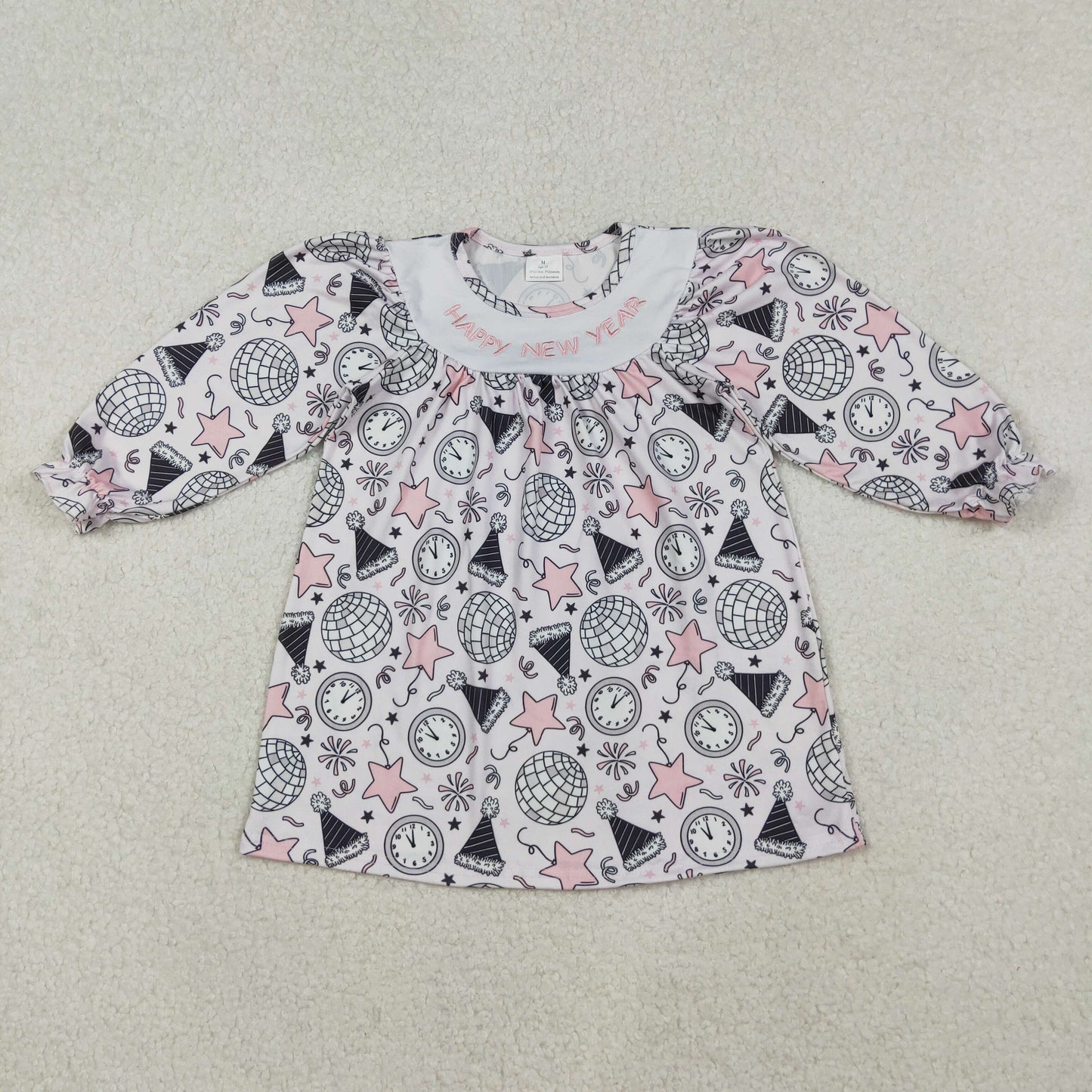 RTS Baby Girl Long Sleeves Embroidery Happy New Year Stars Knee Length Dress