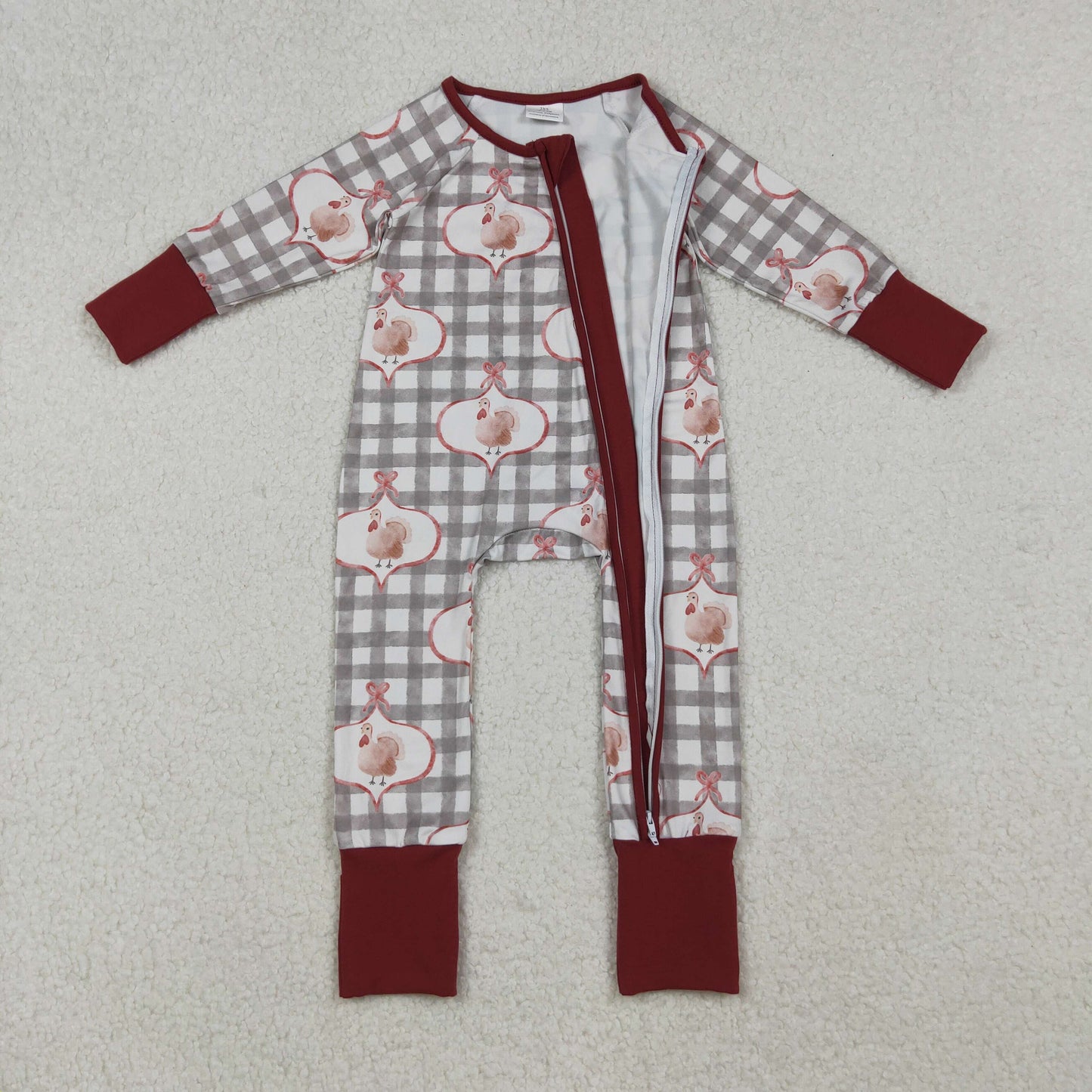 RTS Sibling Girls Kids Long Sleeves turkey Bows Plaid Thanksgiving Zipper Romper Pajamas Clothes Set