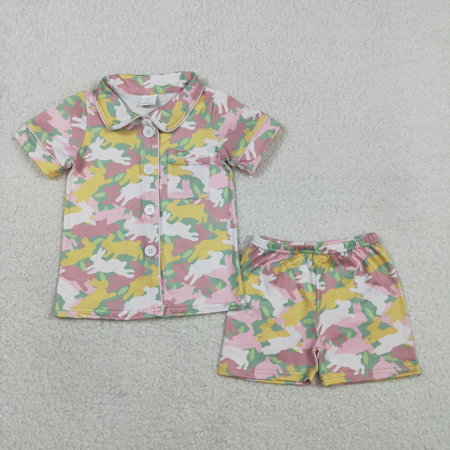 RTS Baby Girls Short Sleeves Rabbits Camo Shirt Short Easter Pajamas Buttons Set