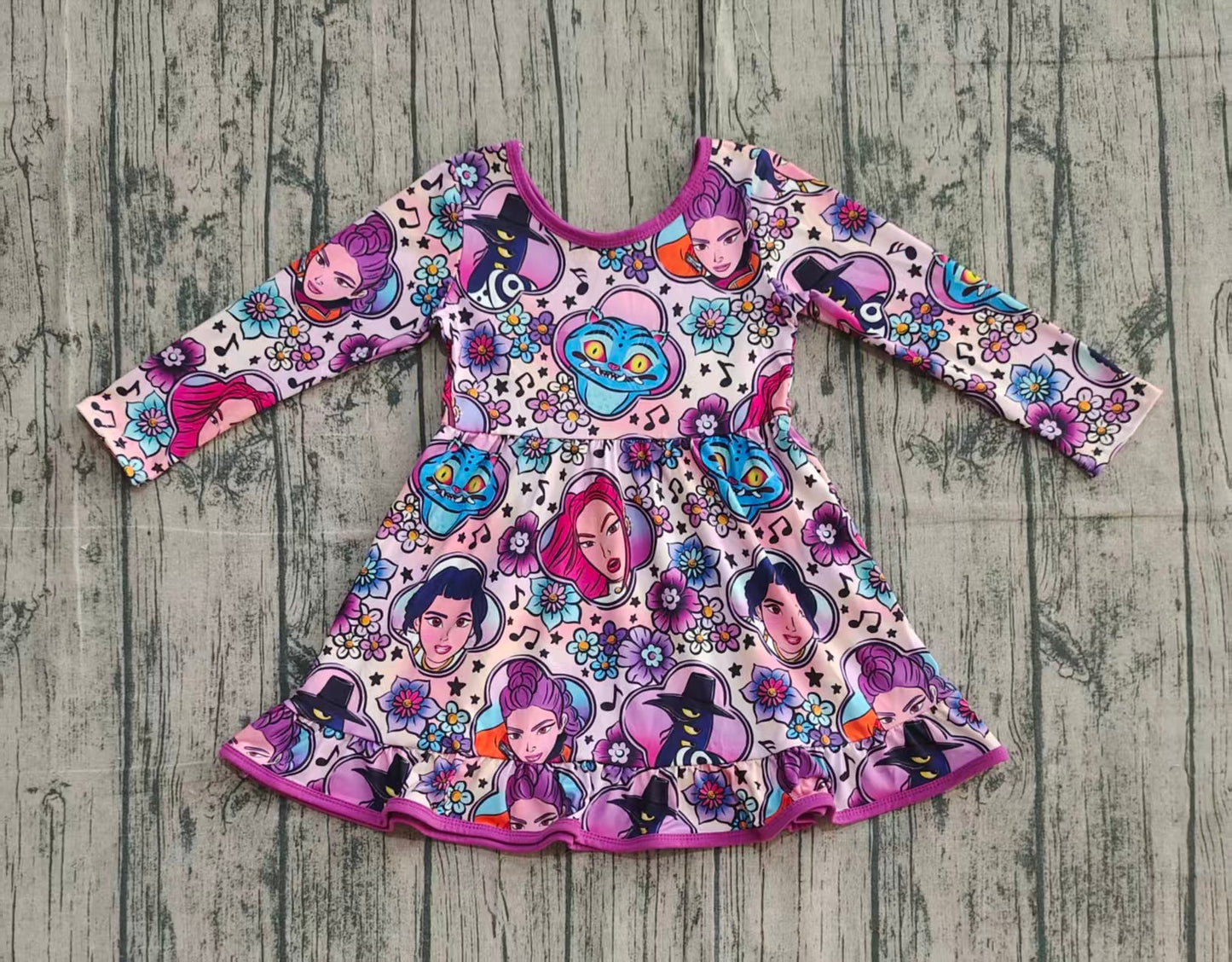 RTS Baby Girls Kids Long Sleeves Singer Characters Flower Ruffle Knee Length Dress