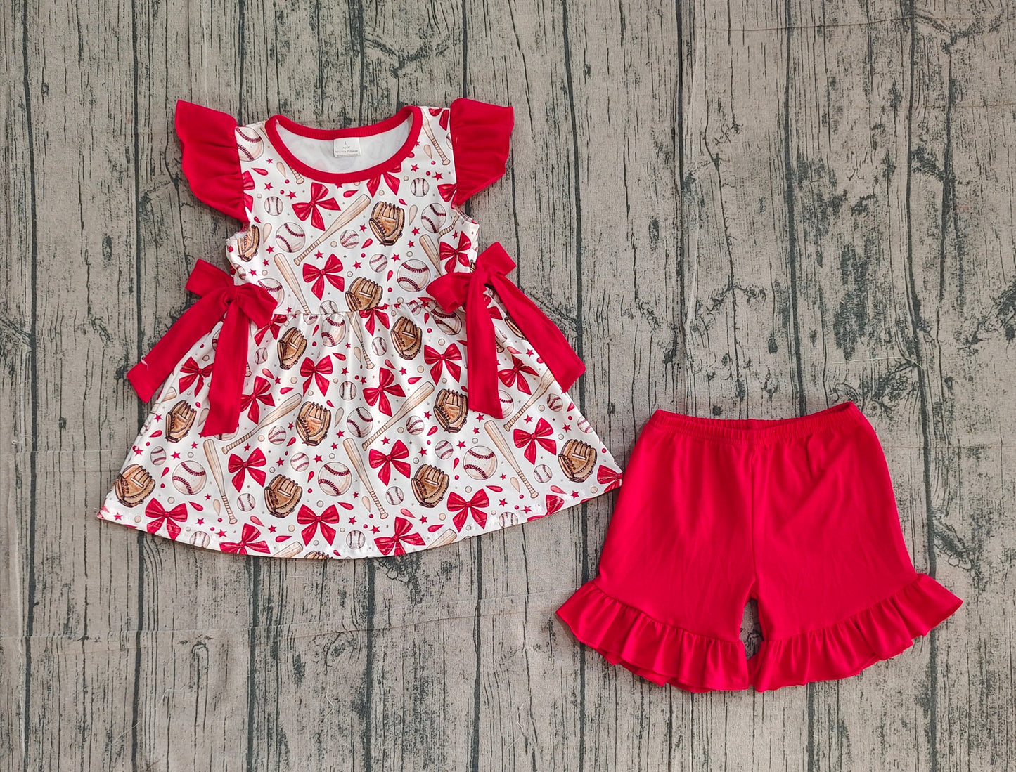 RTS Baby Girl Short Sleeves Baseball Bows Tunic Red Shorts Girls Clothes Set