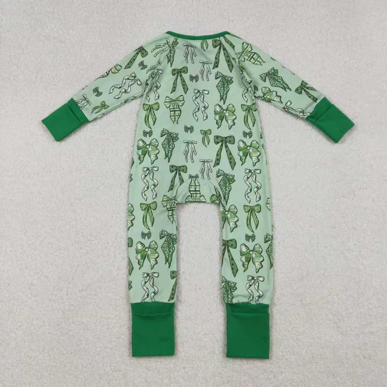 RTS Sibling Girls Kids Long Sleeves Green Clovers Bows St Patrick Zipper Romper Pajamas Set