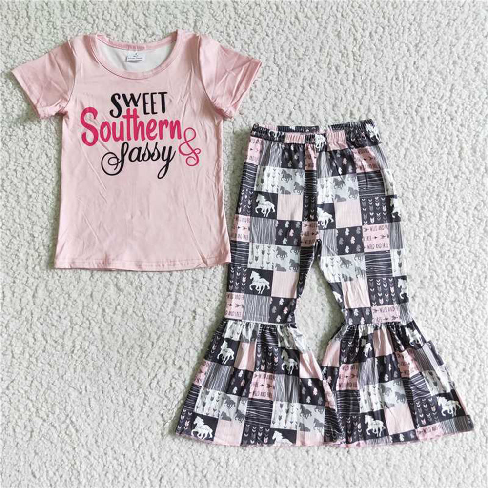 5.17 RTS NO MOQ Baby Girls Summer Sets A0-16 Sweet Southern Sassy Patchwork Bell Bottom Sets