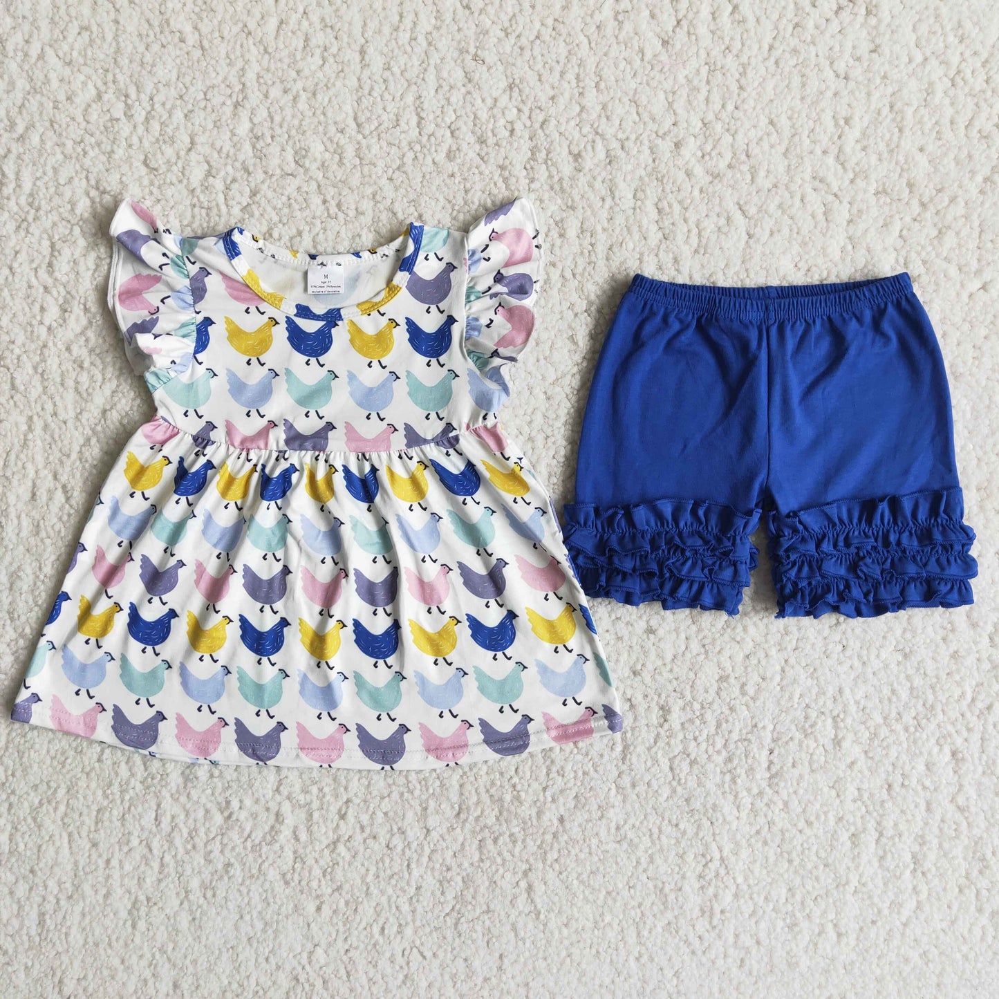 RTS NO MOQ Baby Girls Summer Sets A10-11 Chicken Blue Ruffles Shorts Sets