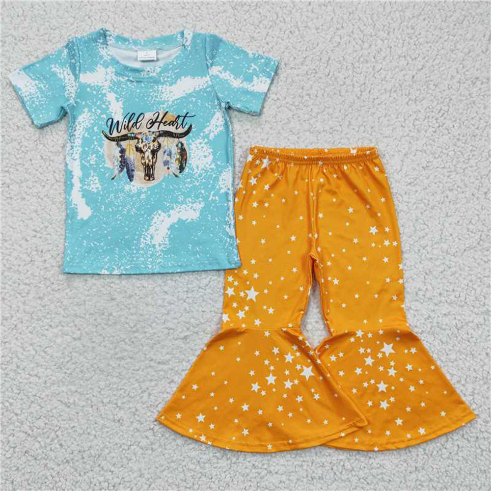 5.17 RTS NO MOQ Baby Girls Summer Sets A12-2 Wild Hearts Cow Star Bell Bottom Pants Clothing Sets