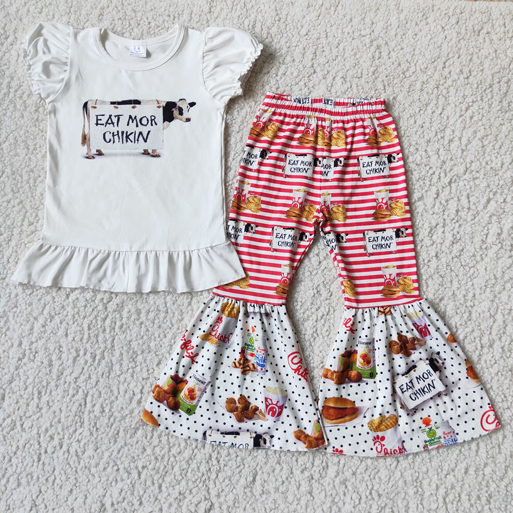 5.17 RTS NO MOQ Baby Girls Summer Sets A12-4 Eat More Chick Fil A Bell Bottom Pants Sets