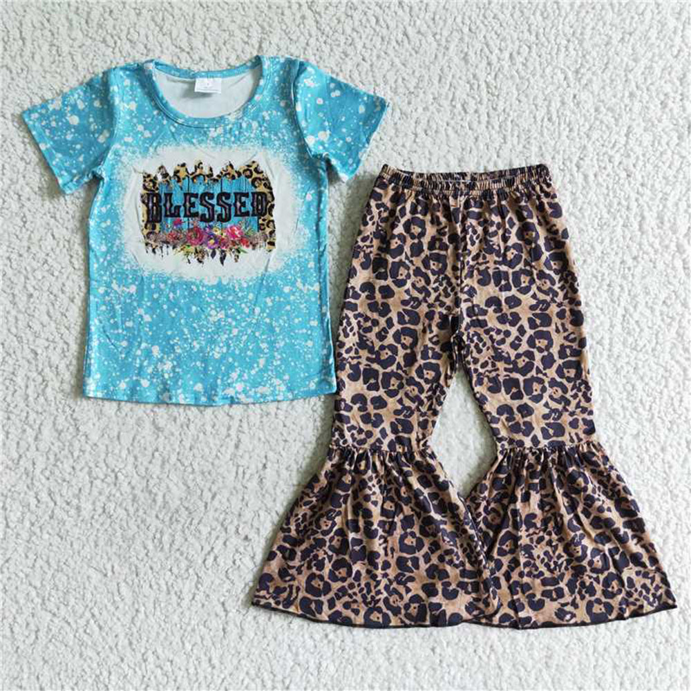 5.17 RTS NO MOQ Baby Girls Summer Sets A14-24 Blessed Leopard Bell Bottom Pants Sets