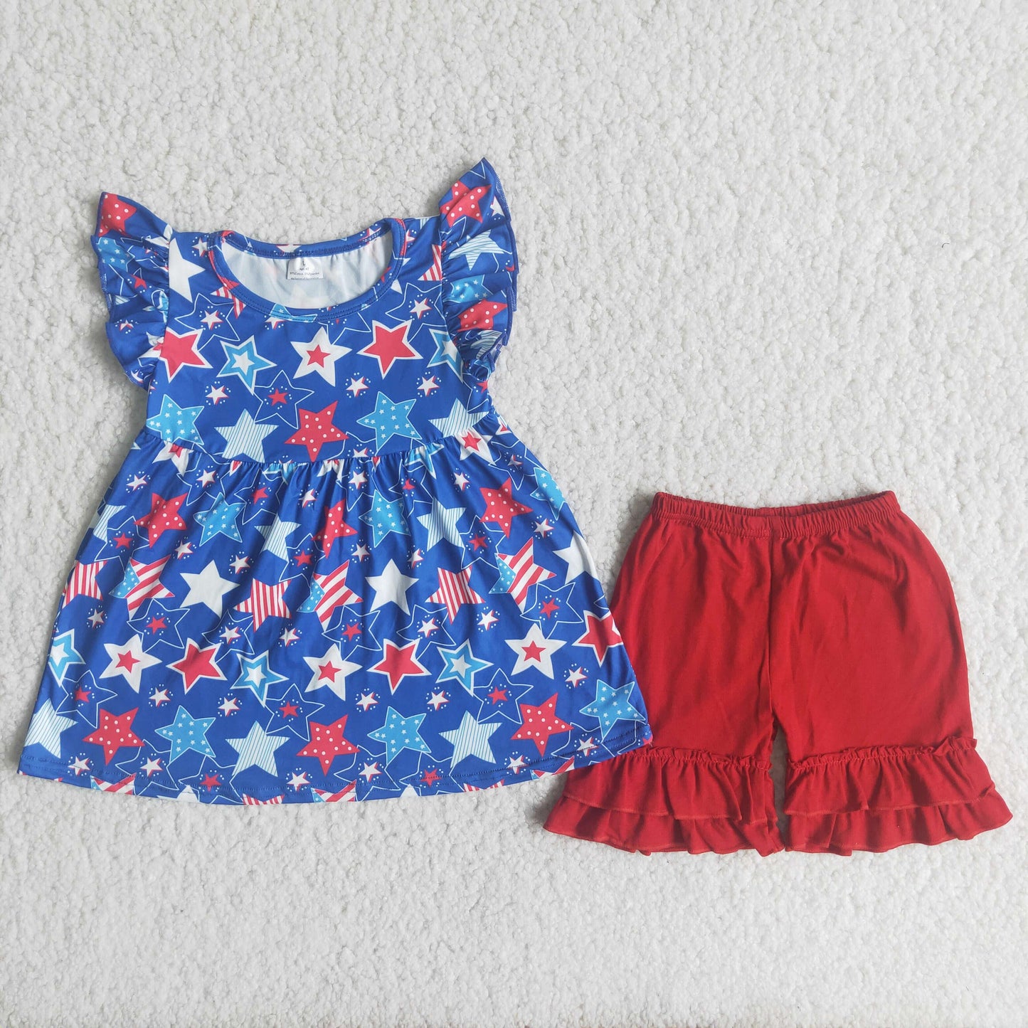 6.7 RTS NO MOQ Baby Girls Summer Sets A15-21 Star Print Pearl 4th Of July Shirt Ruffle Shorts