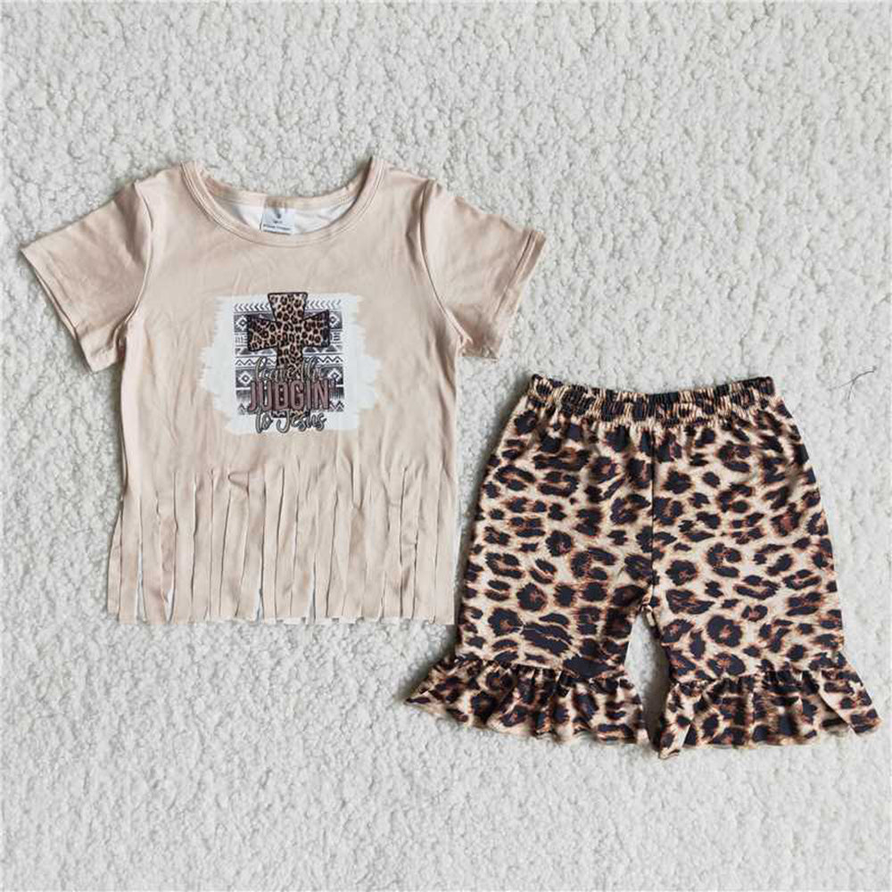 5.17 RTS NO MOQ Baby Girls Summer Sets A16-11 Cross Print Tassels Leopard Ruffles Shorts Suits