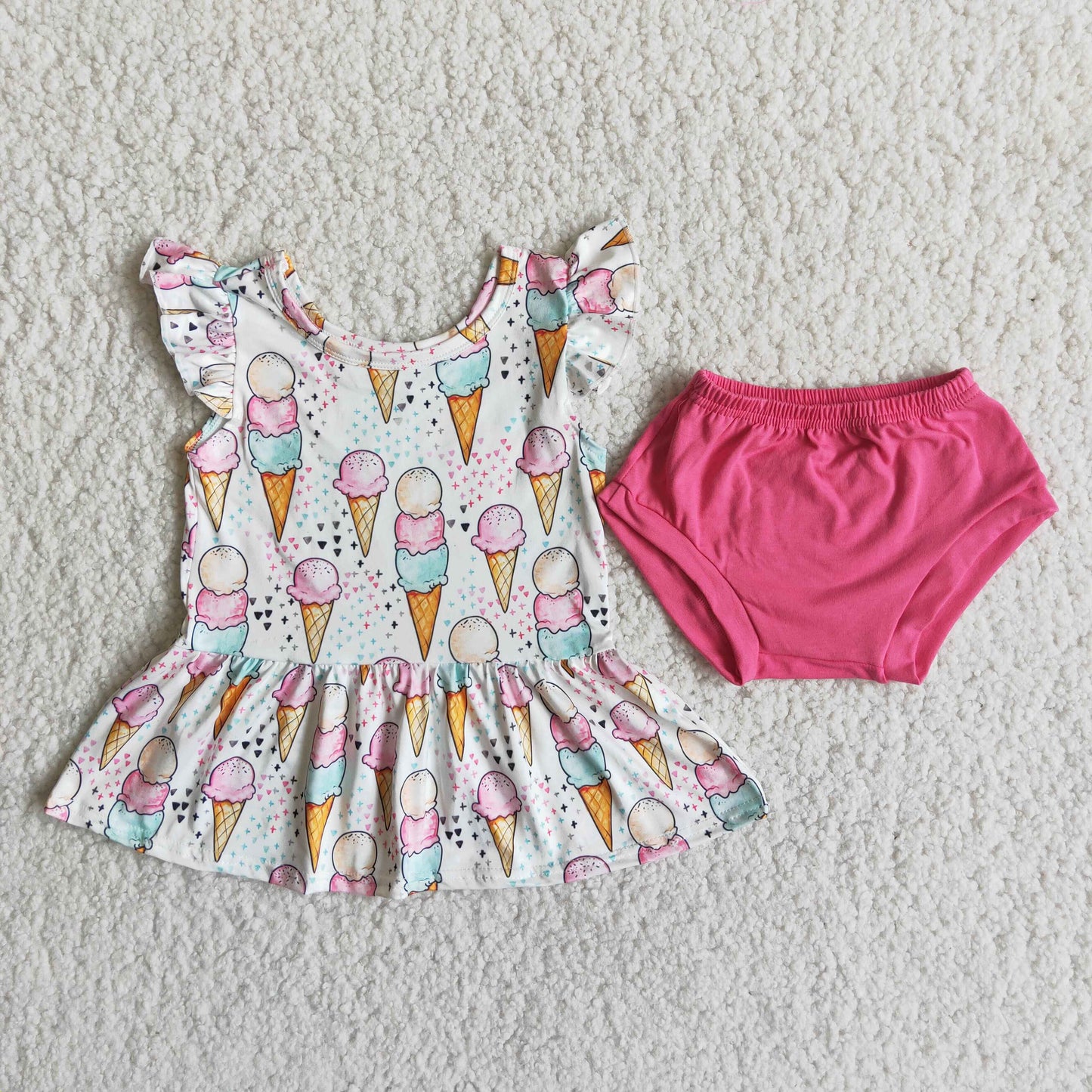 RTS NO MOQ Baby Girls Summer Sets A16-22 Pink Ice-Cream Print Soft Bummie Sets