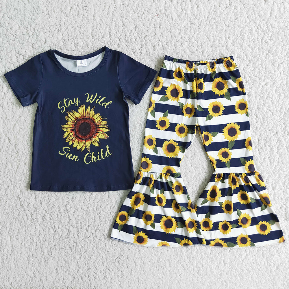 5.17 RTS NO MOQ Baby Girls Summer Sets A2-3 Stay Wild Navy Sunflower Bell Bottom Sets