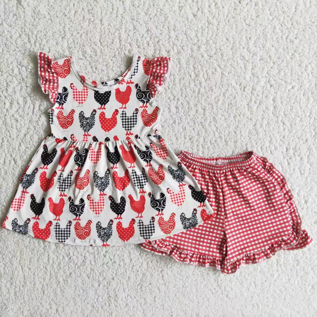 RTS NO MOQ Baby Girls Summer Sets A3-22 Red Chicken Flutter Sleeve Plaid Ruffles Shorts Sets