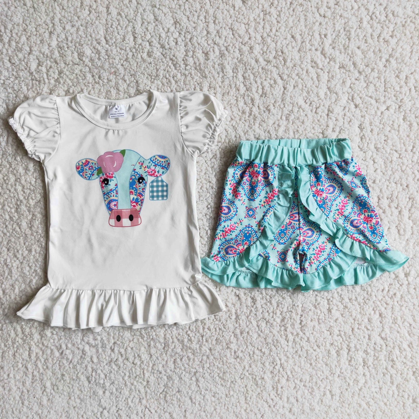 RTS NO MOQ Baby Girls Summer Sets A4-12 Western Green Cow Ruffle Shorts Sets