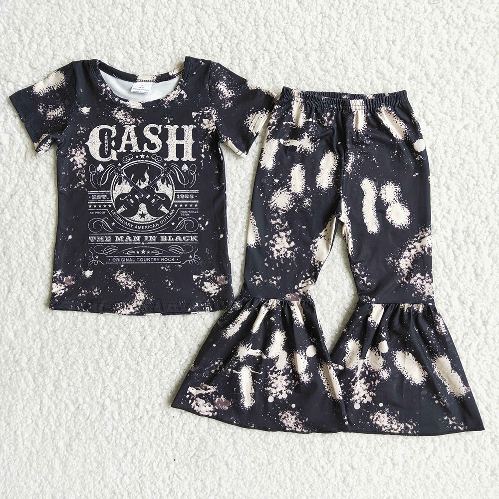 5.17 RTS NO MOQ Baby Girls Summer Sets A5-13 Black Sing Bleached Bell Bottom Pants Sets