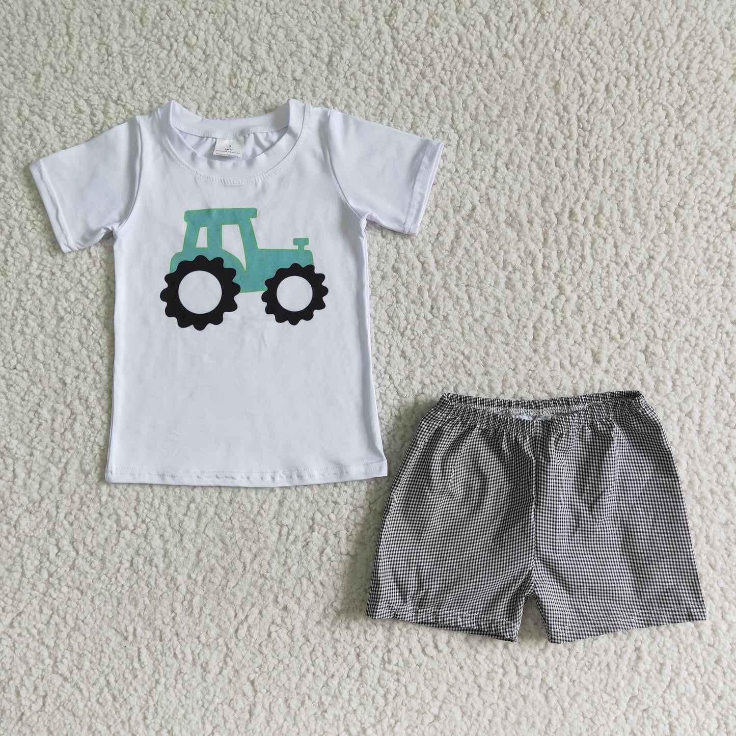 5.17 RTS NO MOQ Baby Boys Summer Sets A9-23 Short Sleeve White Plaid Tractor Sets