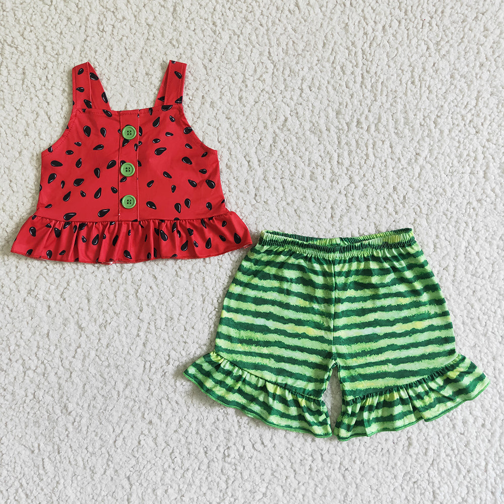 6.7 RTS NO MOQ Baby Girls Summer Sets B0-28 Watermelon Seed Strap Ruffle Shorts Sets