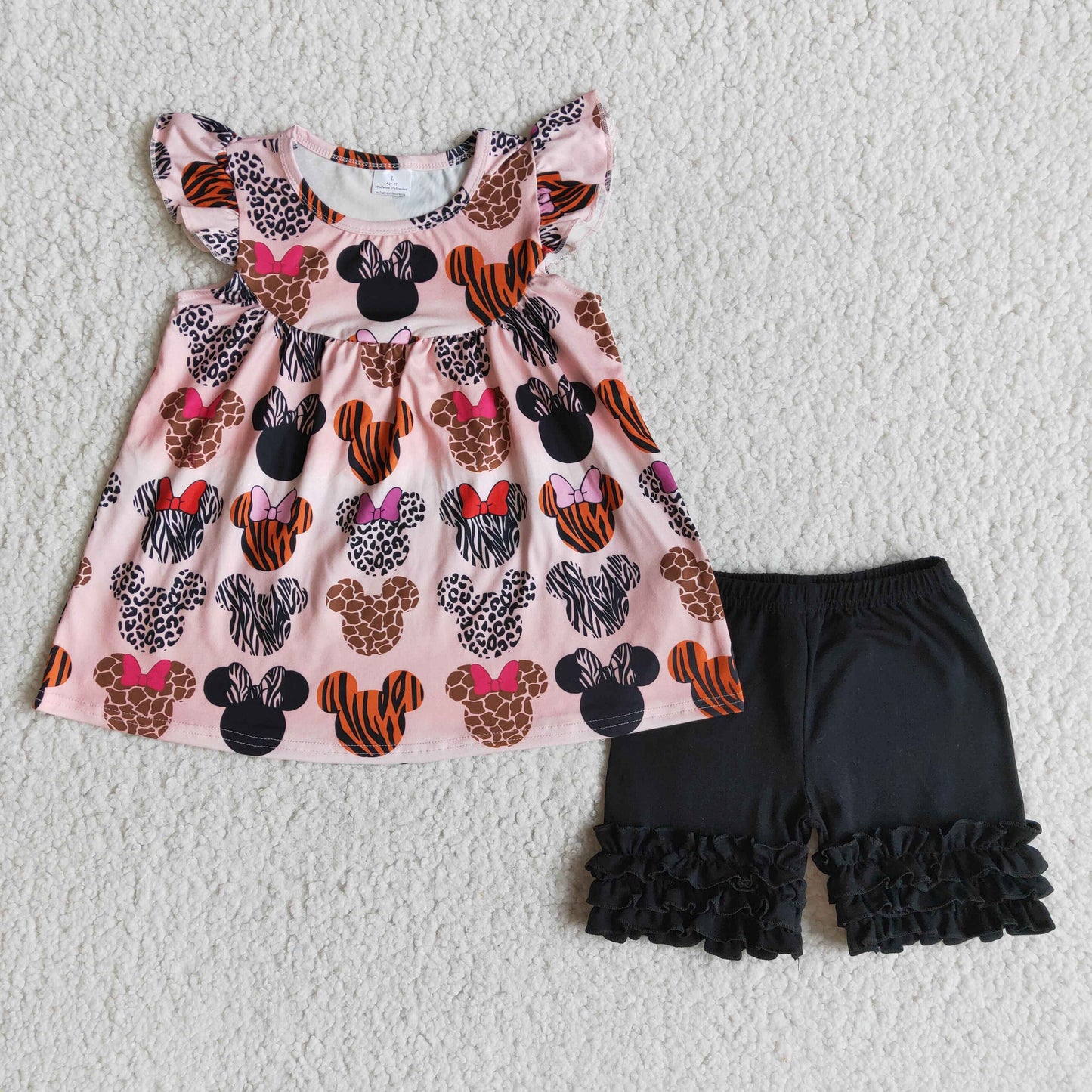 RTS NO MOQ Baby Girls Summer Sets B1-4 Animal icing ruffle print flutter sleeve shorts clothing sets