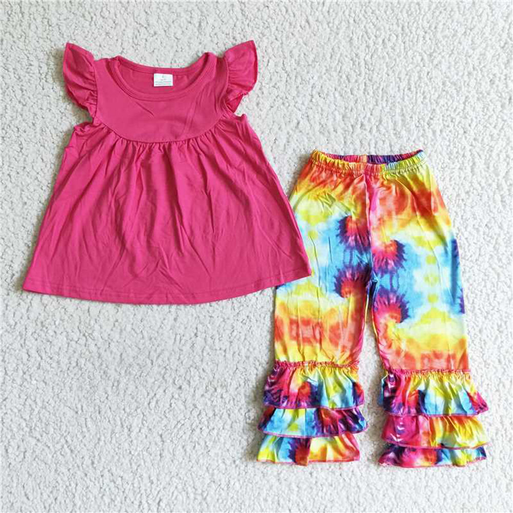 6.9 RTS NO MOQ Baby Girls Summer Sets B11-16 Hotpink Tunic Tie Dye Ruffle Pants Sets