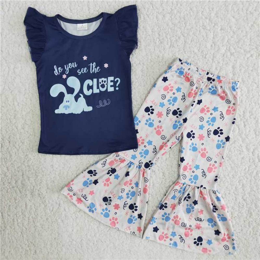 6.9 RTS NO MOQ Baby Girls Summer Sets B13-3 Flutter Sleeve Blue Dog Bell Bottom Pants