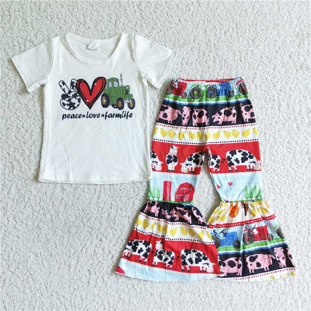6.9 RTS NO MOQ Baby Girls Summer Sets B13-4 Children Baby Peace Love Farmlife Bell Pants Sets