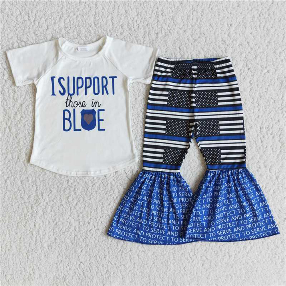 6.9 RTS NO MOQ Baby Girls Summer Sets B14-23 Short Sleeve Blue Flag Pants Sets