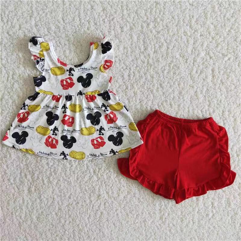 RTS NO MOQ Baby Girls Summer Sets B15-16 Flutter Sleeve Mouse Tunic Red Shorts Sets