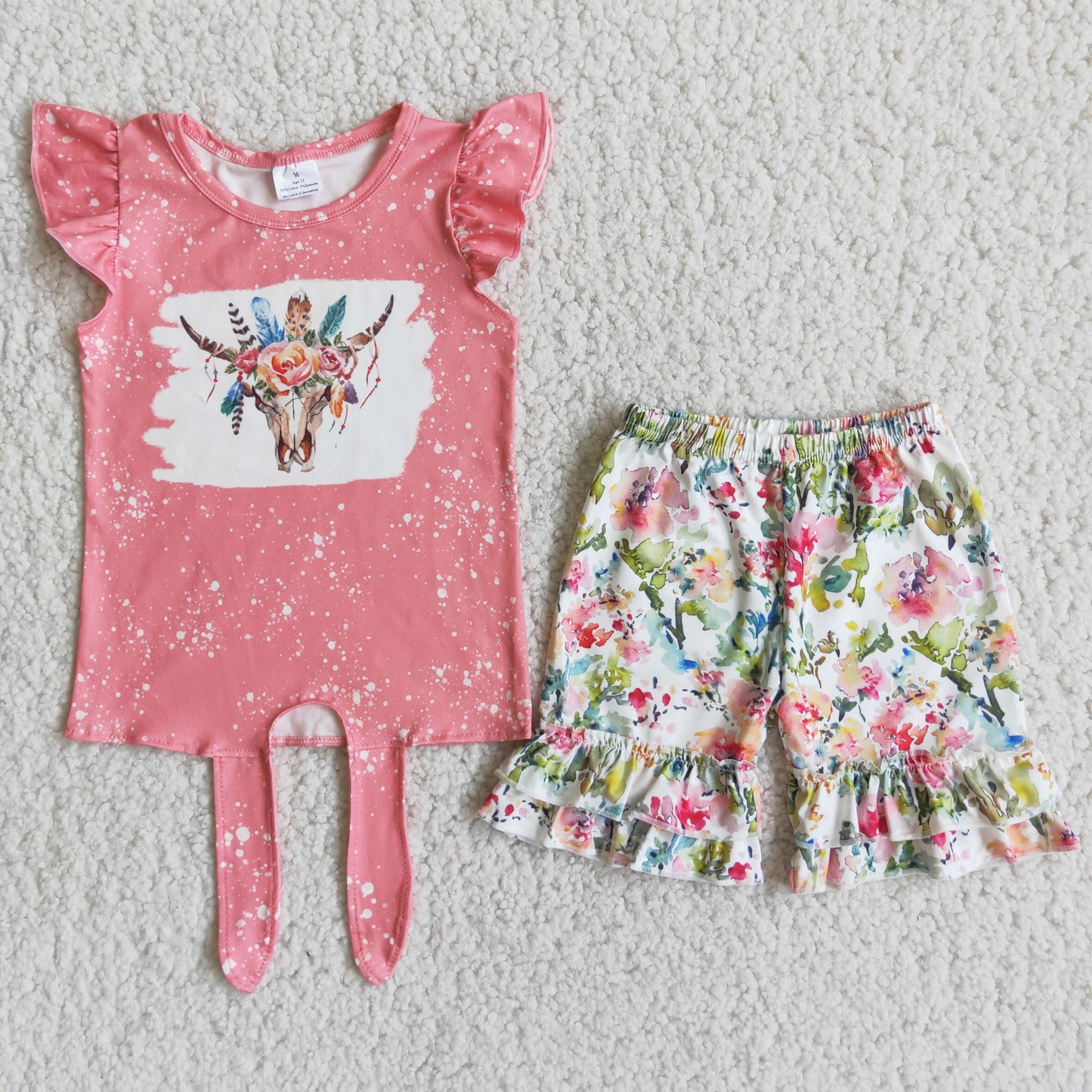 RTS NO MOQ Baby Girls Summer Sets B16-1 Pink Flower Heifer Exquisite Ruffles Shorts Sets