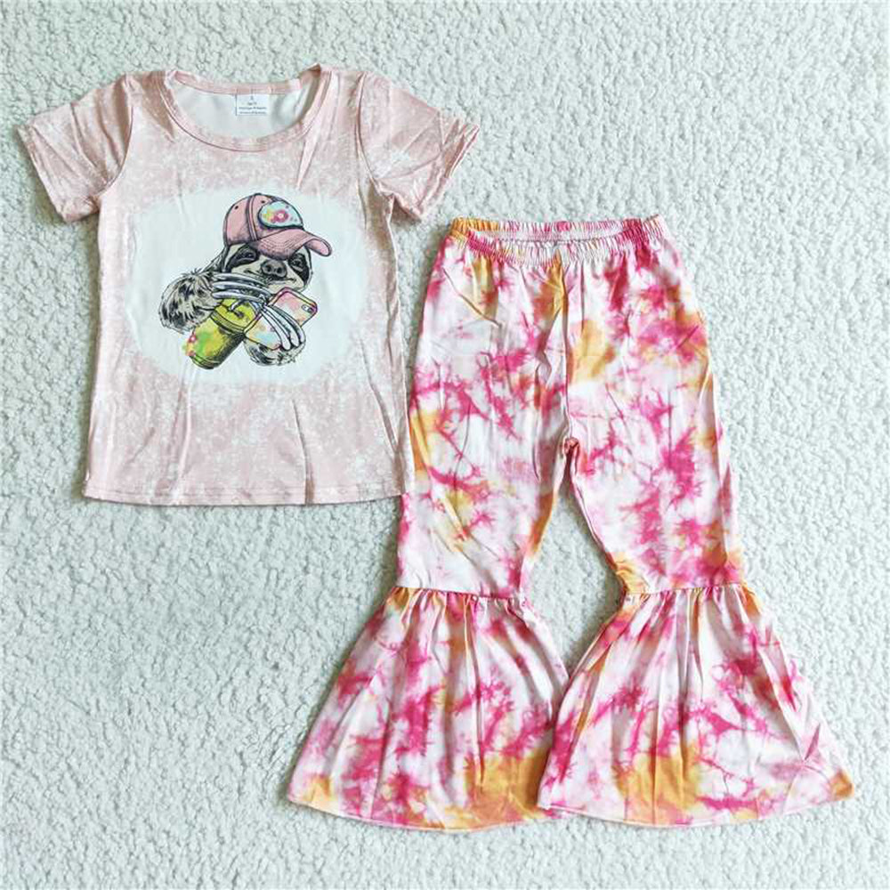 6.10 RTS NO MOQ Baby Girls Summer Sets B16-24 Pink Phone Tie Dye Bell Bottom Sets
