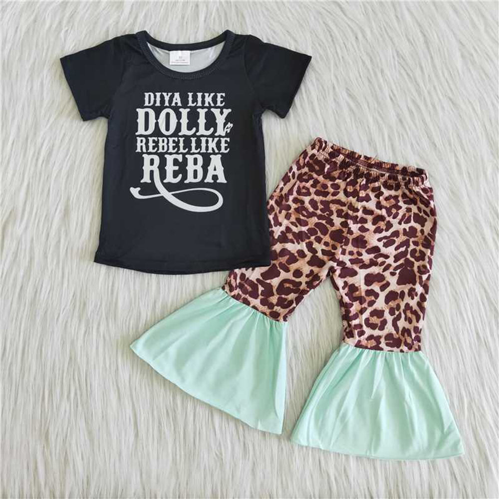 6.10 RTS NO MOQ Baby Girls Summer Sets B17-22 Leopard Green Bell Bottom Leopard Sets