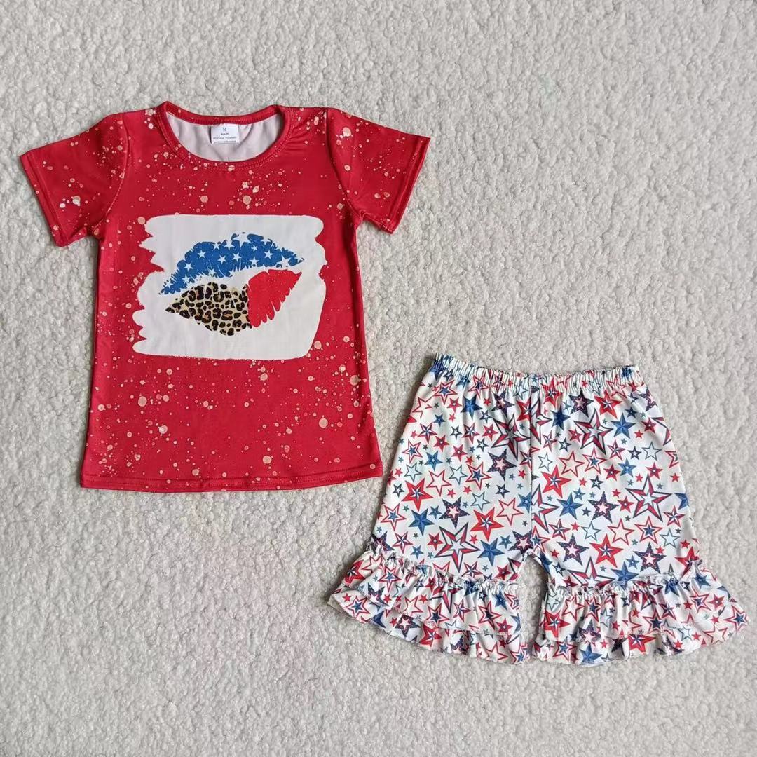 RTS NO MOQ Baby Girls Summer Sets B18-15 July 4th Lip Star Red Short Sleeve Blue Shorts Outfit