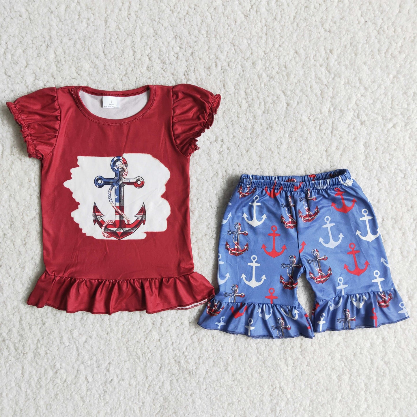 RTS NO MOQ Baby Girls Summer Sets 4th of July Anchor Bleached Top Ruffle Shorts Sets