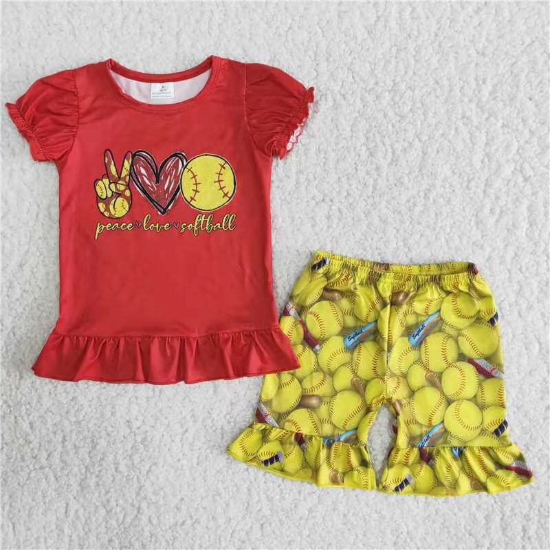 6.7 RTS NO MOQ Baby Girls Summer Sets B4-24 Red T-shirt Yellow Baseball Shorts Sets