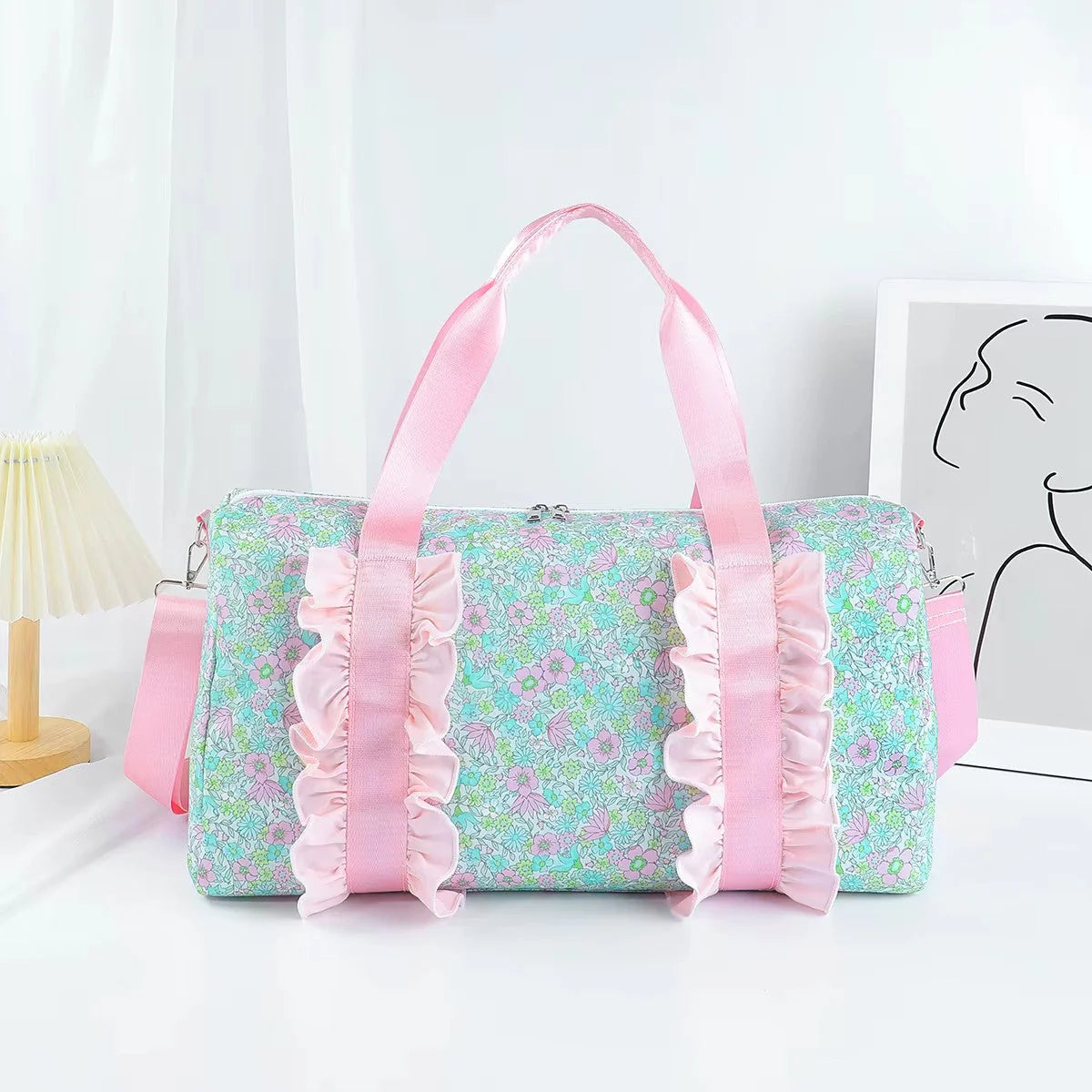 RTS NO MOQ Adult Gym backpack BA0291 Pink Ruffle Blue Floral Print Duffle Bags