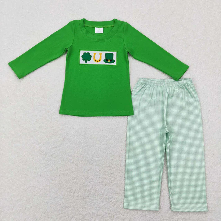 RTS NO MOQ Sibling Boys Baby Girls Long Sleeve Sets St Patrick Day Quatrefoil Outfits Clothes Sets