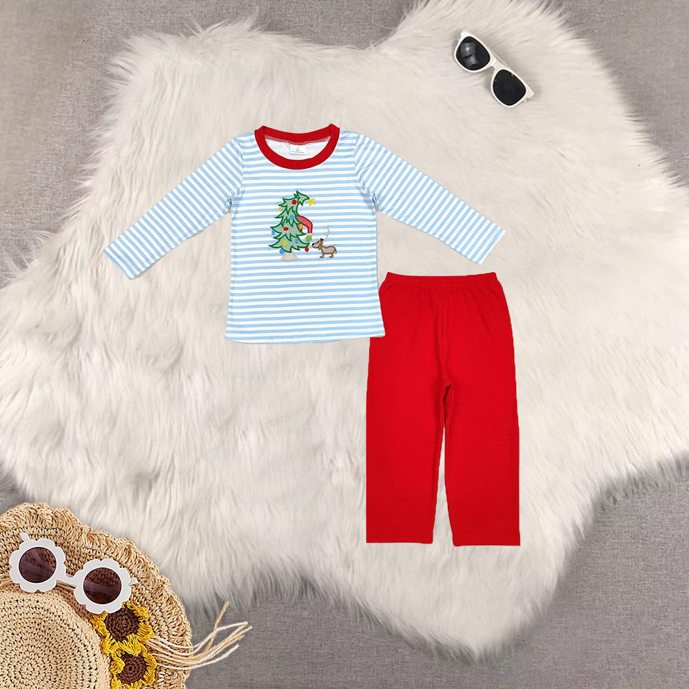 7.7 RTS NO MOQ Sibling Girls Boys Christmas Tree Dog Top Pants Clothes Sets
