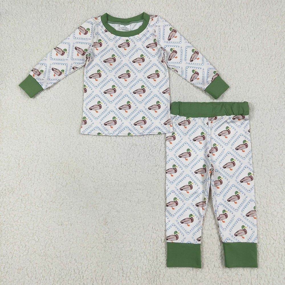 6.26 RTS NO MOQ Baby Boys Sets BLP1086 Long Sleeves Green Ducks Plaid Top Pant Pajamas Sets
