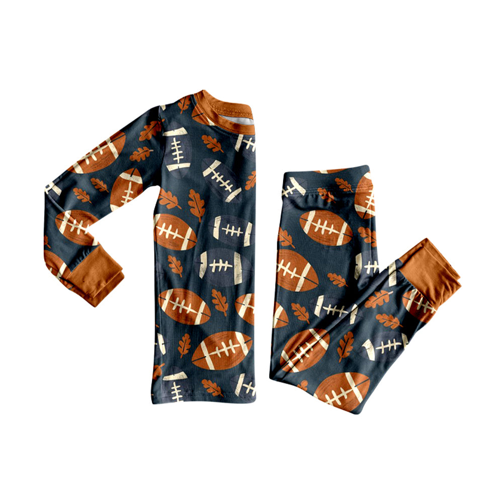 8.7 BLP1215 Baby Boys Leaves Footballs Plaid Top Pant Fall Pajamas Set Preorder