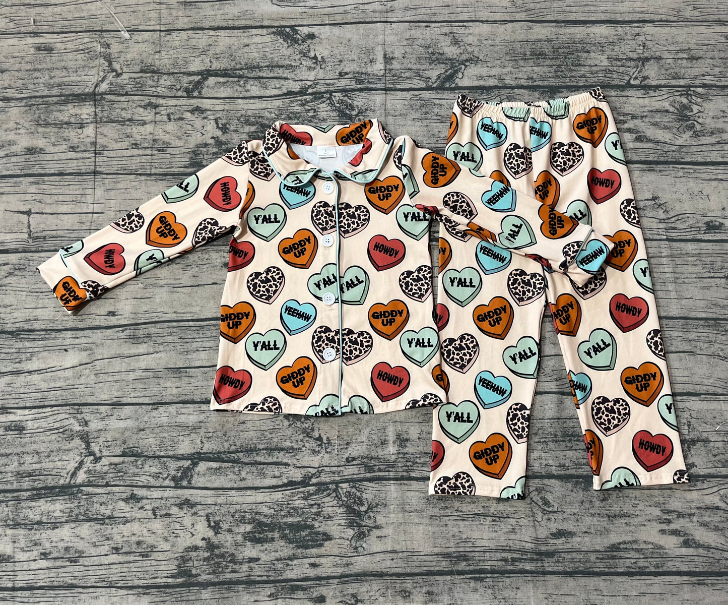 RTS Boys Kids Long Sleeves Hearts Buttons Shirt Pants Valentine's Day Pajamas Clothes Set