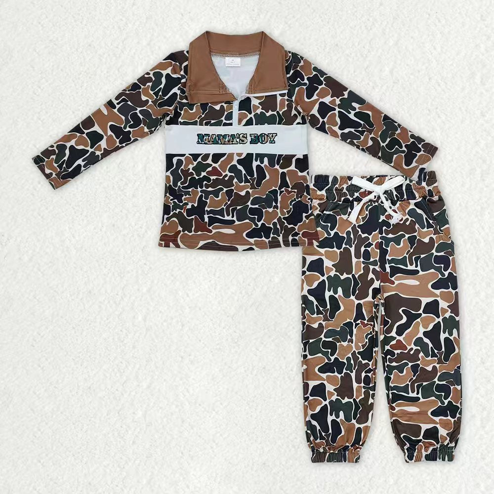 RTS Baby Boys Kids Embroidery Mama's Boy Zipper Shirt Pockets Pants Brown Camo Clothes Set RTS