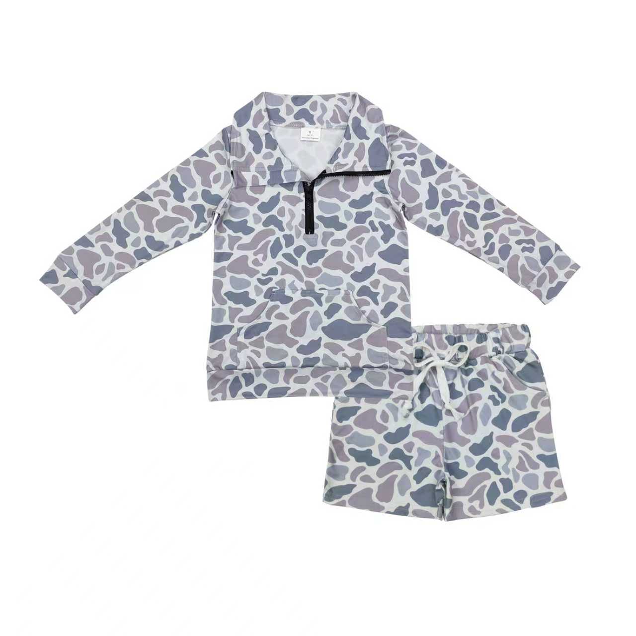 RTS Boys Kids Light Grey Camo Zipper Pocket Pullover Shirt Shorts Clothes Set