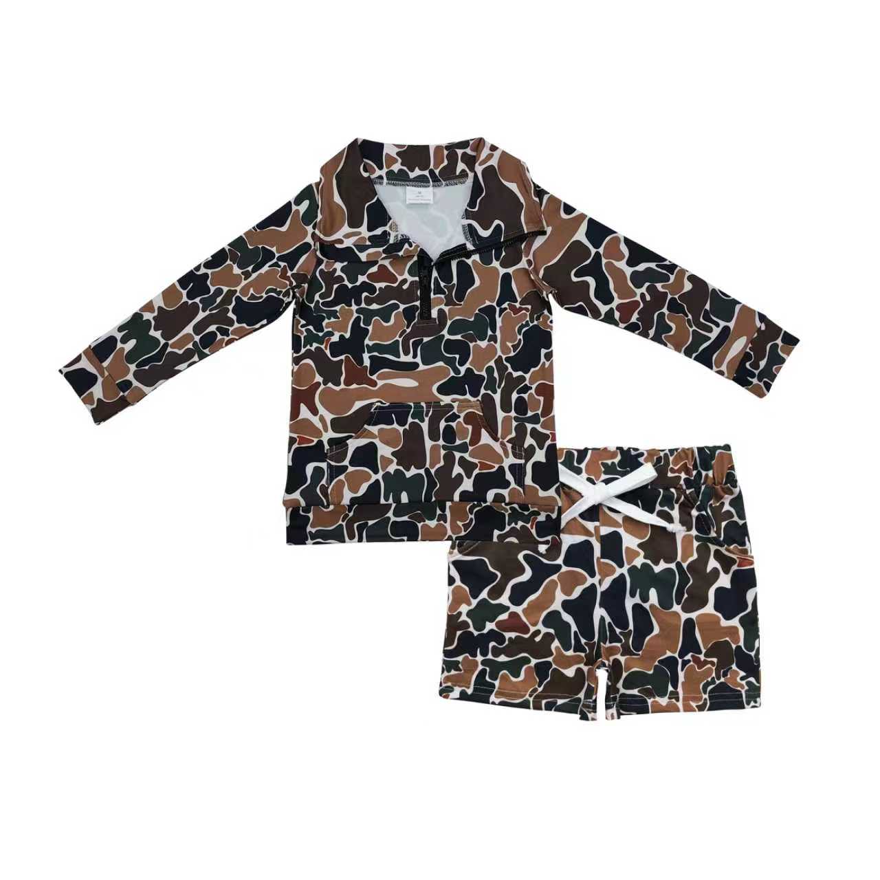 RTS Boys Kids Brown Camo Zipper Pocket Pullover Shirt Shorts Clothes Set